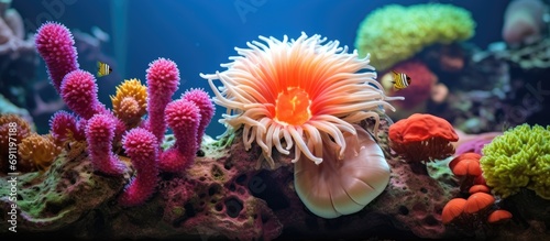 A yellow cup coral anemone surrounded by beautiful red strawberry anemones. Copy space image. Place for adding text photo