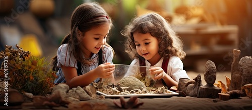 Children having fun with archaeology excavation kit in kindergarten and early childhood environment An easy way for children to learn the basic principles and techniques science education and f photo