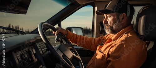 Caucasian Middle Aged Truck Driver Talking Via Citizen Band Radio During Completing a Delivery of His Cargo Side View Photo Inside the Lorry Cabin Transportation Industry Theme. Copy space image photo