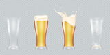 Various pints of beer. Realistic isolated glass of refreshing beers, drink splash for ad, pint biere, transparent mug, foam cup inside swirls, full and empty