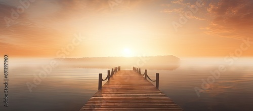 A wooden pier extends into the lake where a layer of fog forms above the calm water The pier is reflected in the tranquil water where the rising sun beautifully colors the sky. Copy space image photo
