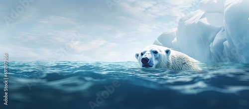 A magnificent polar bear stands on the edge of a melted iceberg and looks into the blue water abyss. Copy space image. Place for adding text