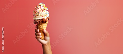 a young child s hand holding a dripping ice cream cone with colorful sprinkles. Copy space image. Place for adding text