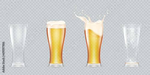 Various pints of beer. Realistic isolated glass of refreshing beers, drink splash for ad, pint biere, transparent mug, foam cup inside swirls, full and empty