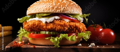 Close up on crispy chicken burger with lettuce and tomato. Copy space image. Place for adding text