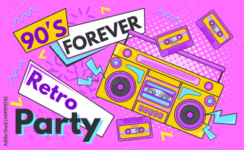 Back to 90s. Retro party poster, school fashion pop music nineties 1980s, birthday karaoke event invitation funky boombox trendy banner background design, neat vector illustration