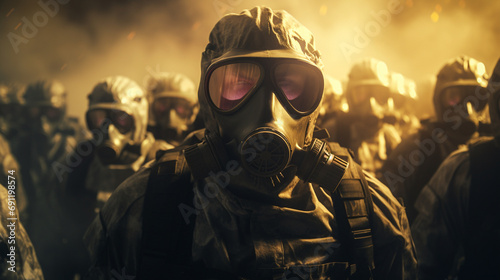 an army of soldiers in hazmat gear, with red eyes, and gas masks on, on a battlefield marching in perfect unison, High angle view, Volumetric lighting photo