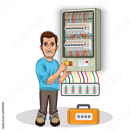 Vector illustration of Engineer repairing breaker switch box. Electrician checking breaker switch box.