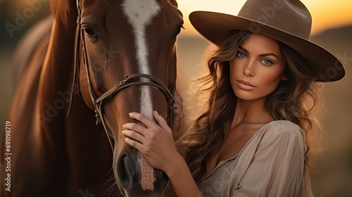a woman and a horse in a close portrait, friends, professional photography in a horizontal format in a togetherness-themed, photorealistic illustration in JPG. Generative ai © Purple Penguin GFX