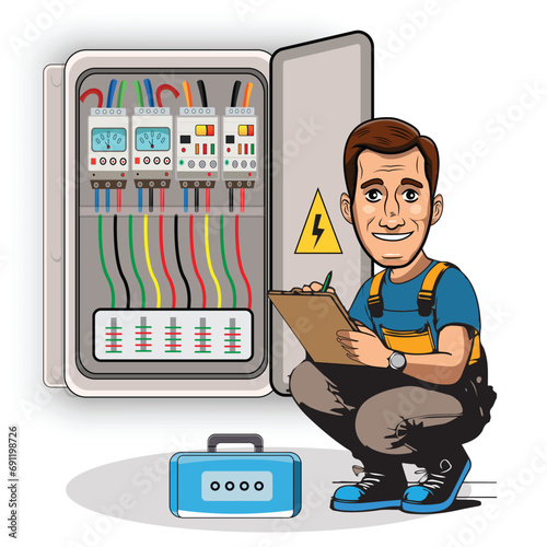 Vector illustration of handyman checking cables of switchboard panel. 