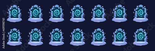 Portal animation. Animated spiral portals, cartoon teleport vortex energy fx effect magic power splash travel in mystic dimension sprite sheet 2d game ingenious vector illustration