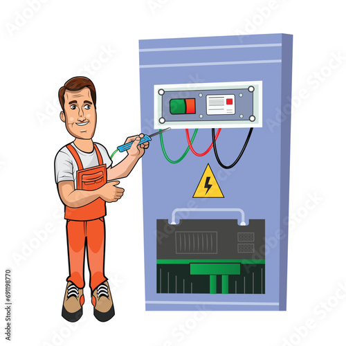 Illustration of electrician working with electrical panel board. technician fixing switchboard panel