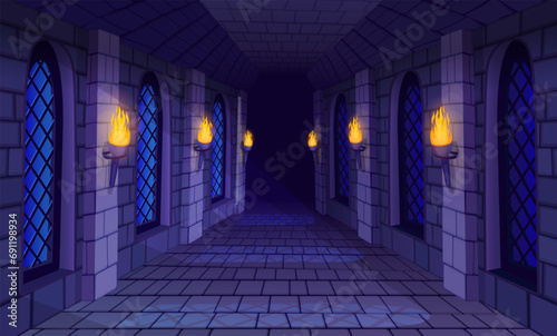 Castle corridor. Medieval castles game dungeon, stone bricks wall burning fire torch inside prison cave old temple scary church maze ancient mansion ingenious vector illustration