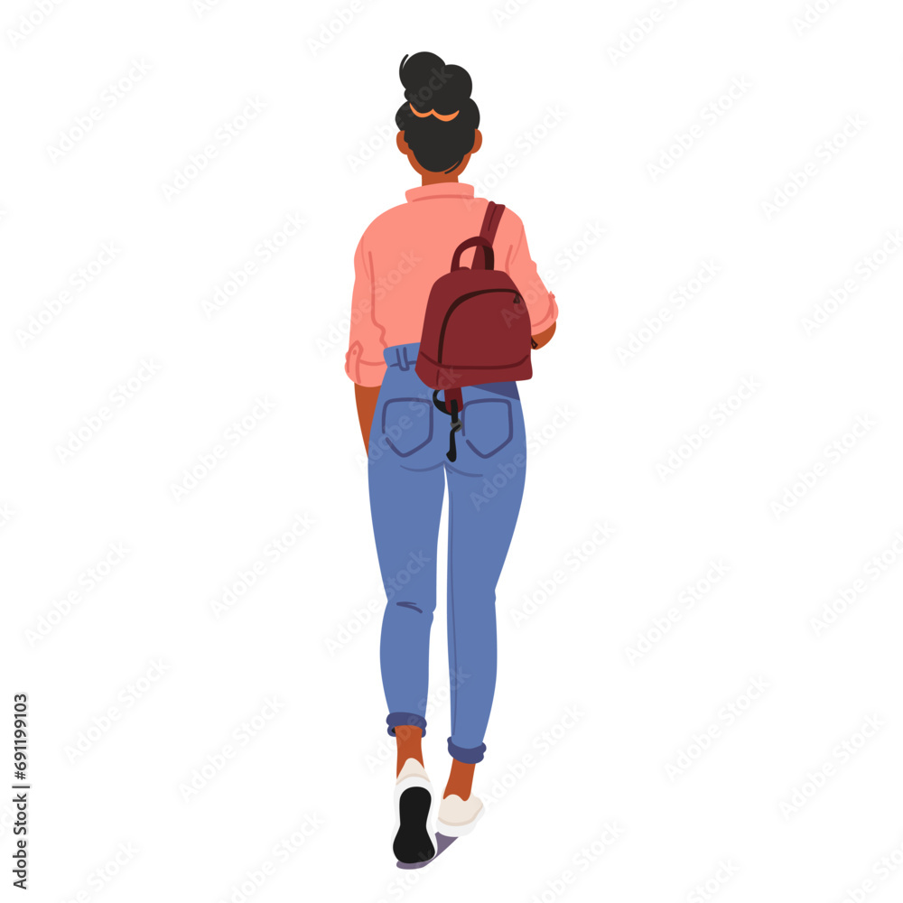 Woman Character Walks With Backpack On One Shoulder, Illustrating An Incorrect Pose, Potentially Causing Discomfort Woman Character Walks With Backpack On One Shoulder, Illustrating An Incorrect Pose, Potentially Causing Discomfort