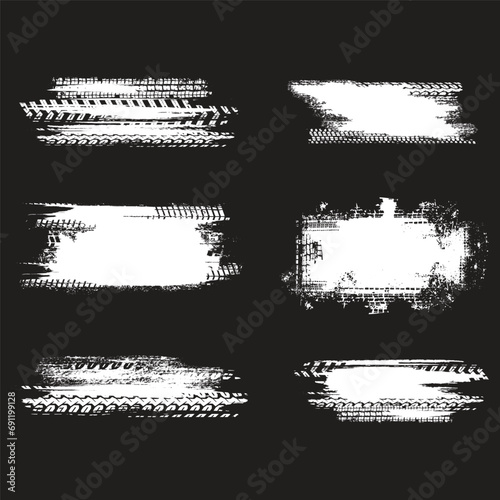 Tire track textured grunge banner. Off road vector illustration isolated on a black background.
