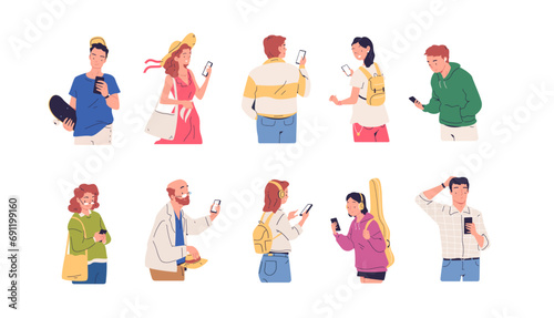 Characters looking smartphone. Happy people person mobile smart phone, human using cell phones hold device online internet surf, read or texting message, classy vector illustration