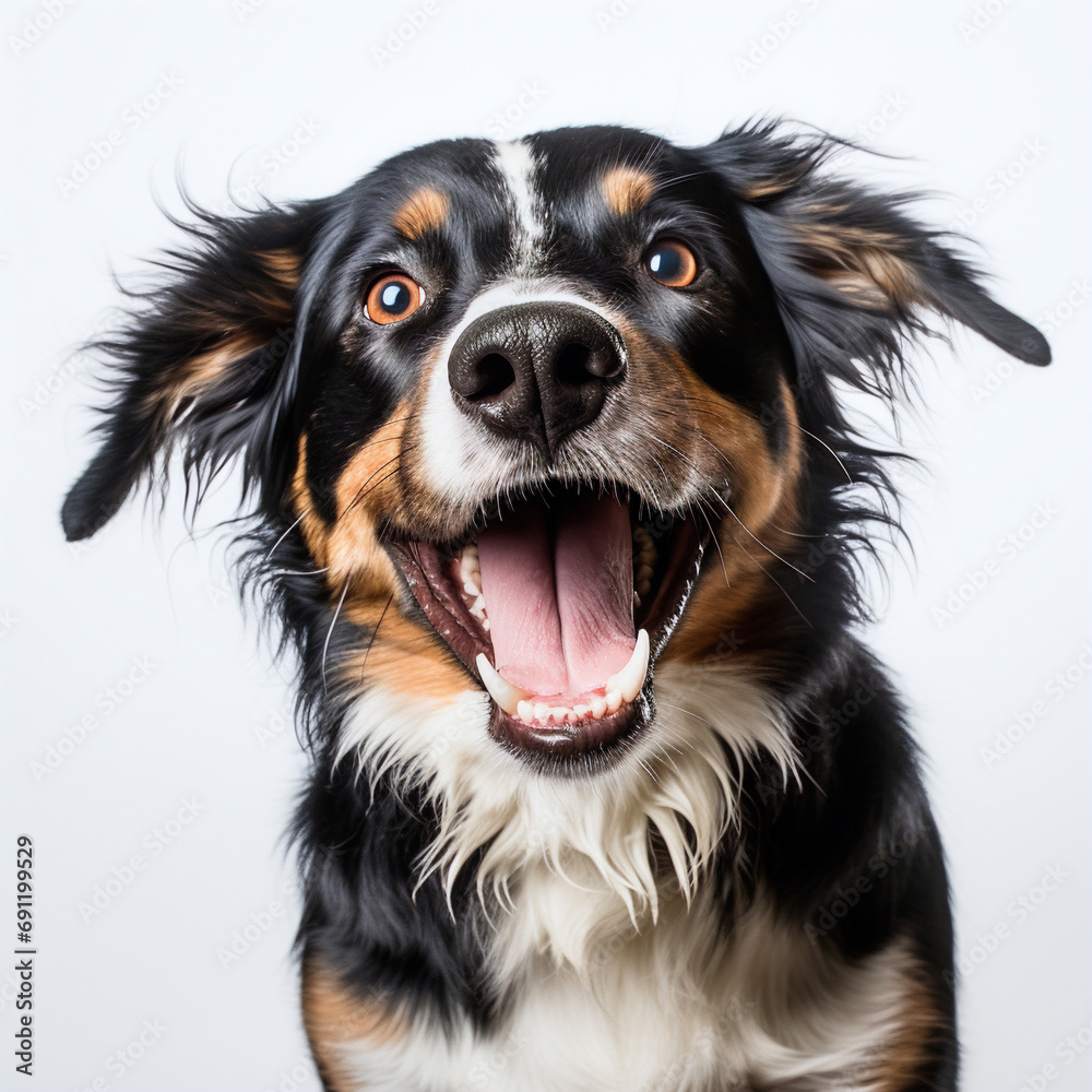 dog is talking and showing his mouth open, happy