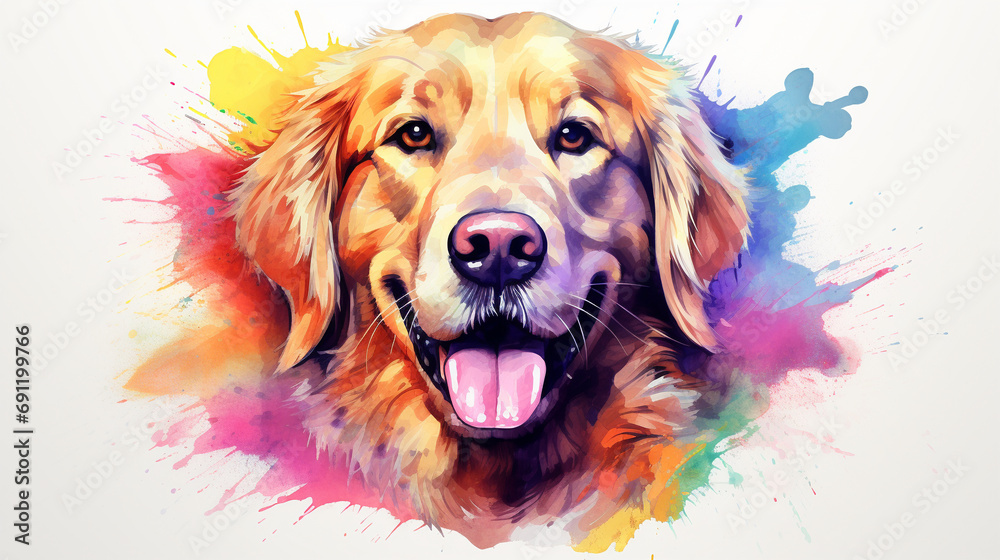 high quality, design style, Watercolor, powerful colorful, golden retriever complete face logo facing forward, white background, by yukisakura, awesome full color