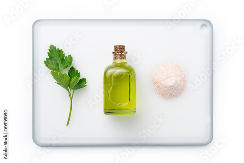 Foto Olive oil, salt and herbs for cooking, salad, soup, healthy food