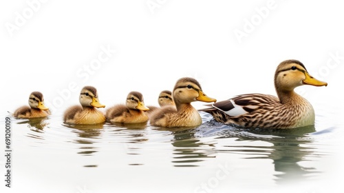 ducklings in a row following their mother with a light background in a horizontal format in a Spring Nature-themed, photorealistic illustration in JPG. Generative ai