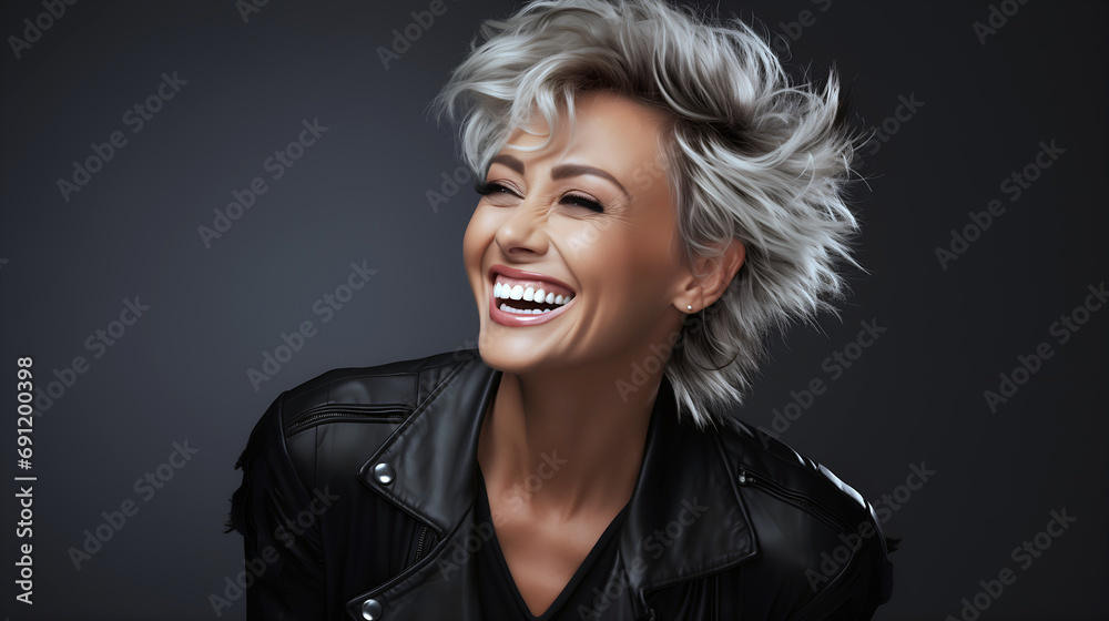 Vibrant confident mature woman laughing, with stylish silver hair and black leather jacket