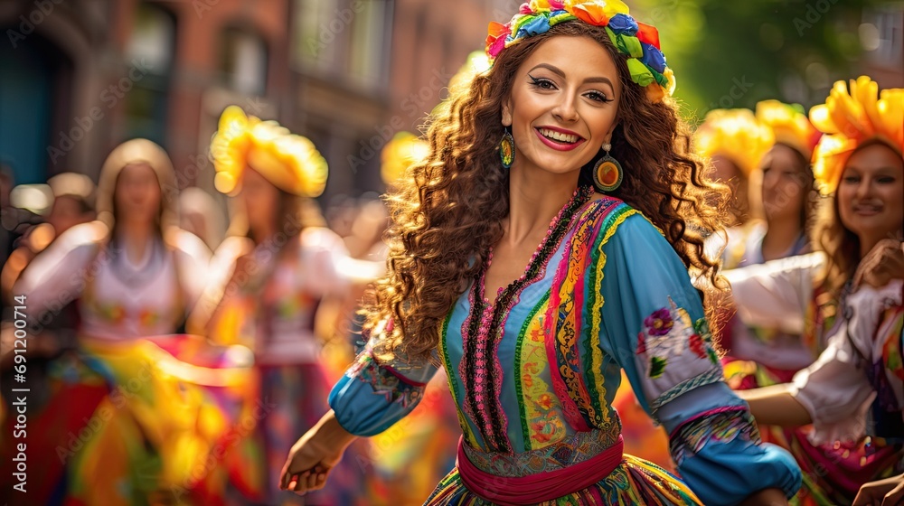Colorful street parade with cultural, traditional musicians and dancers in a horizontal format in a Festive cultural-themed, photorealistic illustration in JPG. Generative ai Colorful street parade with cultural, traditional musicians and dancers in a horizontal format in a Festive cultural-themed, photorealistic illustration in JPG. Generative ai
