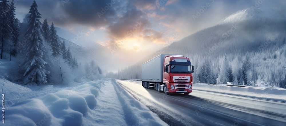 a logistics delivery vehicle truck driving with speed on a snowy road