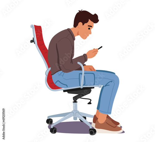 Man Slouches On A Chair, Engrossed In His Smartphone, His Body Contorted In A Poor Posture while he Looking on Screen