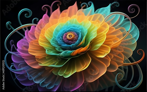 Rainbow colored swirling smoke flower  3D rendering  photograph  reasonable technique  foundation with painting.