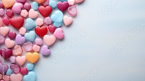 colorful candy hearts on a light blue background with room for copy in a Valentine/Mother's Day-themed, horizontal format of photorealistic illustration in JPG. Generative ai © Purple Penguin GFX