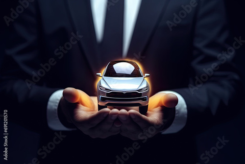 Businessman shows model of a blue car in his hands. Concept of insurance or car rental #691201570