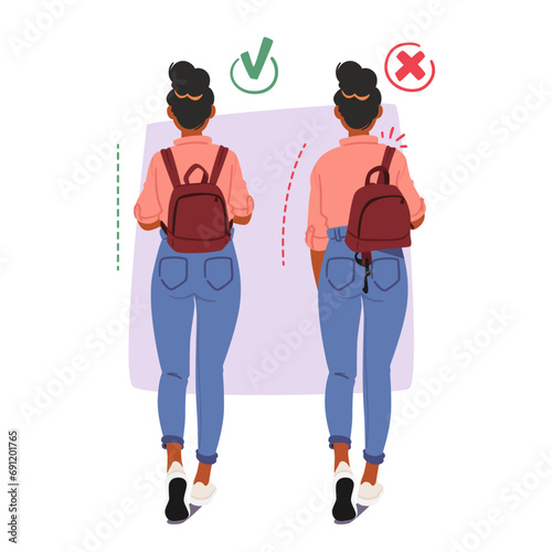 Girl Burdened By A Backpack, Displays Improper And Proper Postures. In One, she Carries Bag on One Shoulder