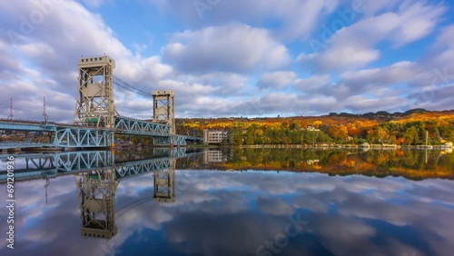 View of downtown Houghton from across the Portage Lake Lift Bridge in Hancock on an autumn day photo