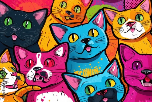 A vibrant pattern of cats in pop art style 