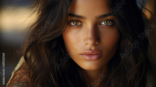 woman from india with black hair and hazel eyes  photo