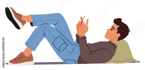 Wrong Body Posture For Reading. Male Character Lying On Pillow With Hunched Shoulders, Bent Spine, And Strained Neck