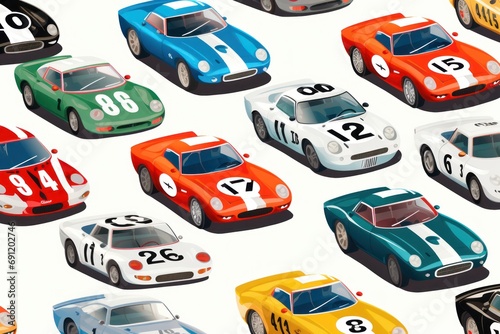 pattern of retro race cars with vibrant decals and numbers on a white background