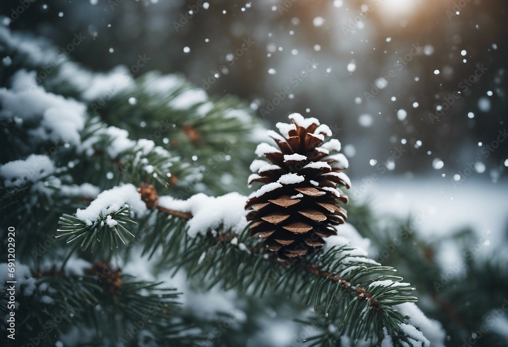 Fir Branch With Pine Cone And Snow Flakes Fir Branch With Pine Cone And Snow Flakes