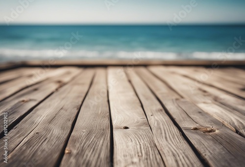 Empty Wooden Planks With Blur Beach And Sea On background