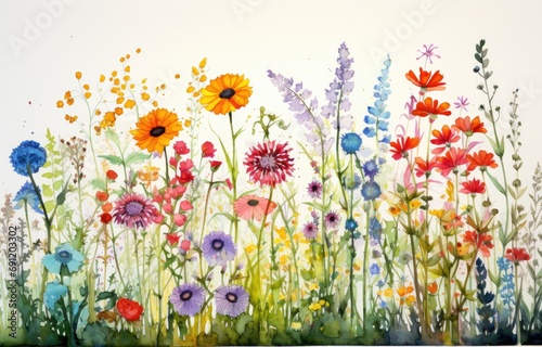 garden flowers of various types in a detailed watercolor floral illustration in a Spring-themed, horizontal format of photorealistic illustration in JPG. Generative ai
