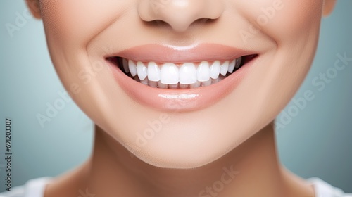  healthy white teeth  a smile of a young woman  in a Teeth whitening  Dental clinic patient  Dentistry-themed  horizontal format of photorealistic illustration in JPG. Generative ai