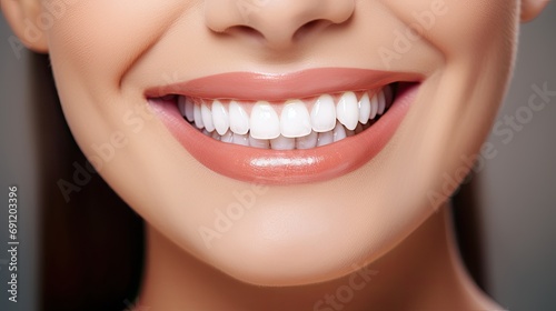  healthy white teeth, a smile of a young woman, in a Teeth whitening, Dental clinic patient, Dentistry-themed, horizontal format of photorealistic illustration in JPG. Generative ai