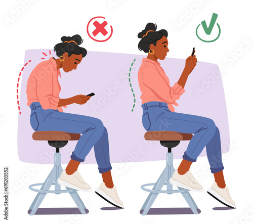 In The Wrong Posture, Female Character Slouches On A Chair, Hunched Over The Smartphone. In The Proper Posture photo