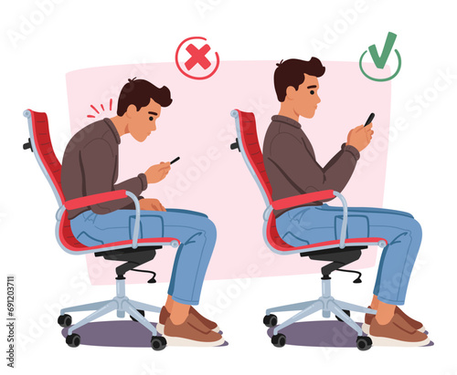 In The Wrong Posture, Male Character Slouches On A Chair, Hunched Over The Smartphone. In The Proper Posture