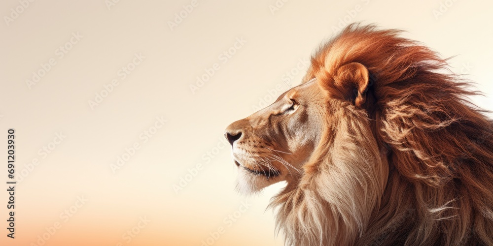 a male Lion, side profile at sunrise, in a horizontal format with room for copy in a Nature banner-themed, photorealistic illustration in JPG. Generative ai a male Lion, side profile at sunrise, in a horizontal format with room for copy in a Nature banner-themed, photorealistic illustration in JPG. Generative ai