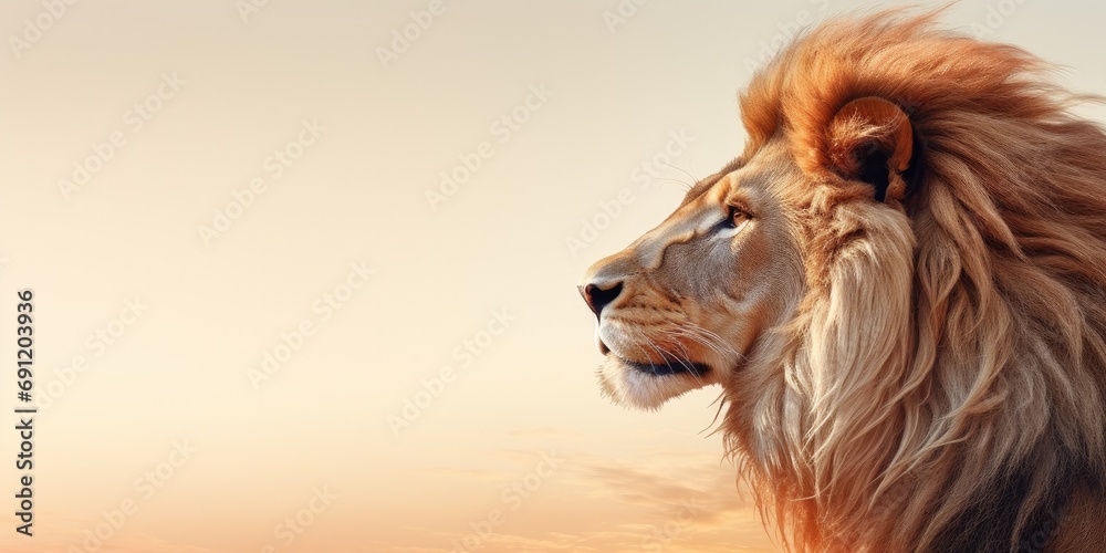 Obraz premium a male Lion, side profile at sunrise, in a horizontal format with room for copy in a Nature banner-themed, photorealistic illustration in JPG. Generative ai