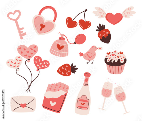 Elegant Romantic Collection for Valentines Day. Cupcake, Heart-shaped Balloons, Champagne and Wineglasses