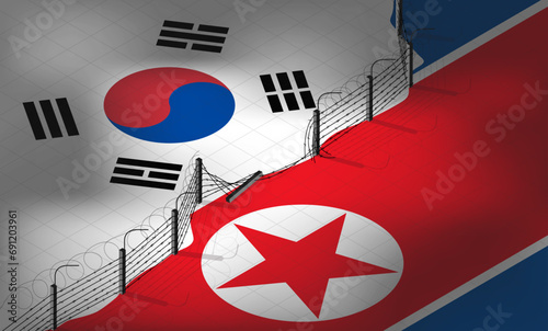 Isometric vector. Flags of South Korea and North Korea against the background of a fence or wall with barbed wire. Crisis in relations between countries. border war