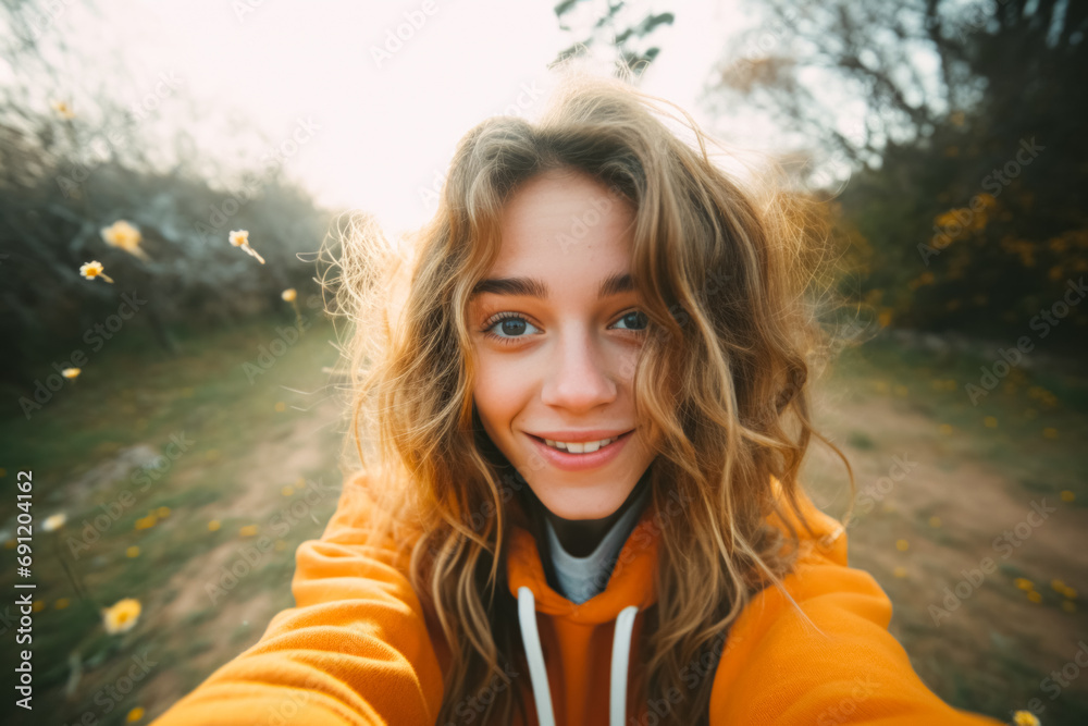 A young woman with curly hair takes a cheerful selfie in nature, wearing a bright orange hoodie, with a soft focus on daisies in the background.