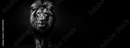  a Male Lion in a black and white photo, front view, Chiaroscuro lighting with room for copy in a dramatic Wildlife-themed, horizontal format of photorealistic illustration in JPG.  Generative ai © Purple Penguin GFX